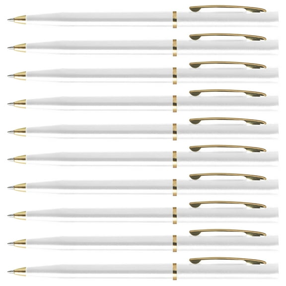 10 Alston Hotel Pens Pack - Ballpoint, Gold Metal Accent - White