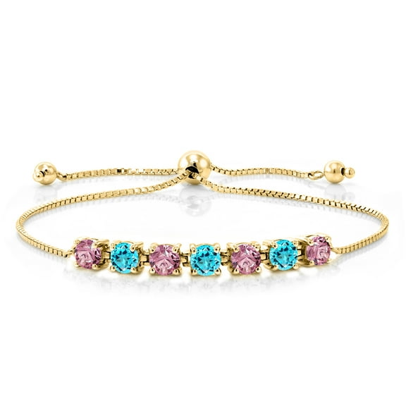 Gem Stone King 2.94 Ct Pink Lab Grown Diamond Swiss Blue Topaz 18K Yellow Gold Plated Silver Bracelet for Women