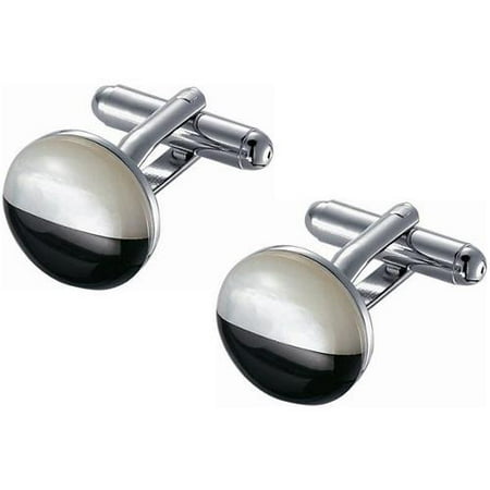 - Visol Stainless Steel Round Black and White Mother of Pearl Cufflinks