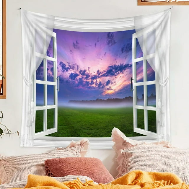 Tapiz de pared con diseño de ventana, 280 x 150 cm, fibra de poliéster