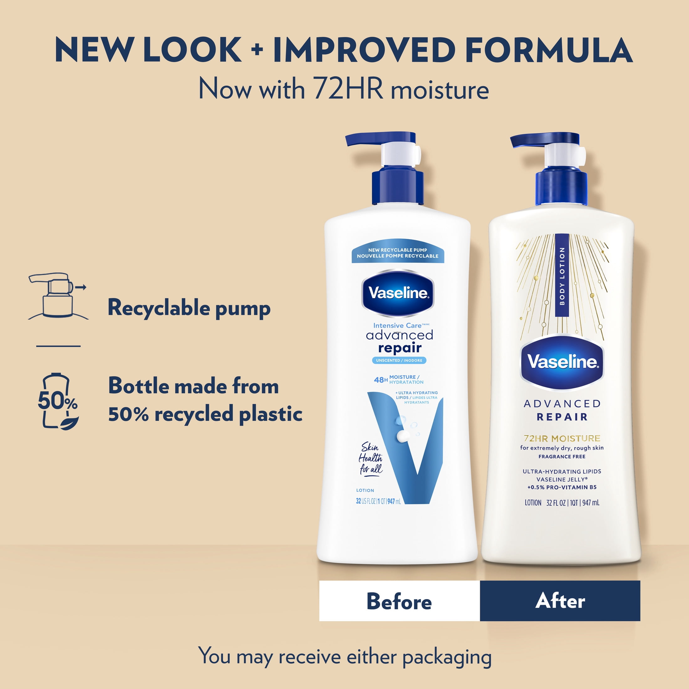 (4 pack) Vaseline Intensive Care Body Lotion for Dry Skin Advanced Repair Unscented Lotion Made with Ultra-Hydrating Lipids + Vaseline Jelly to Repair Extremely Dry Skin, 32 fl oz