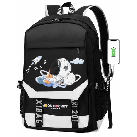 Lvelia Boys School Backpacks for Kids, Fashion Large Capacity School Bag,Waterproof Bookbags with USB Charge Port,Spaceman Printed Black