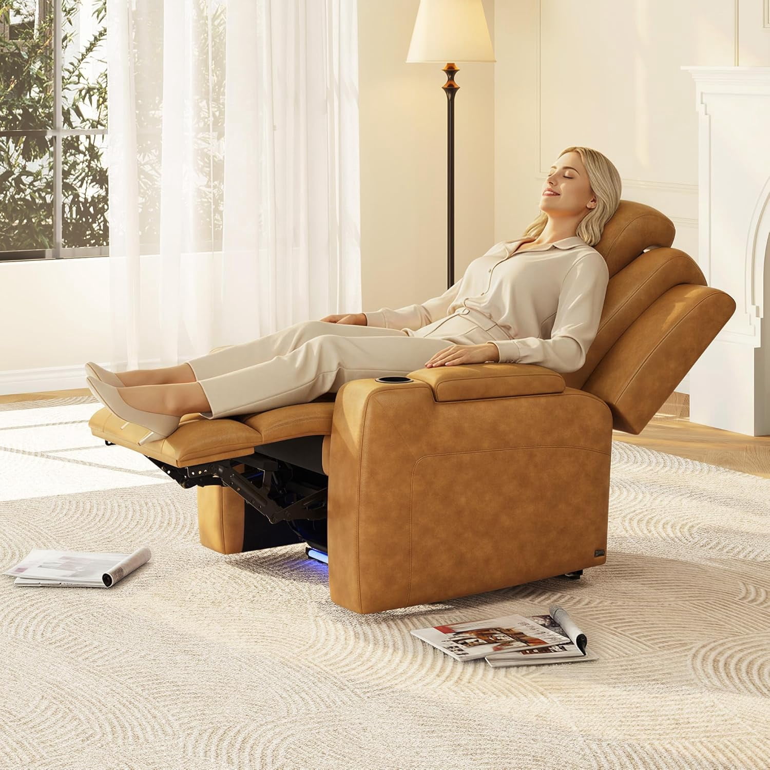 COLAMY Sereno Dual Motors Wall Hugger Power Recliner Chair with Power Headrest for Living Room, Home Theater Seating with Hidden Storage, Light Brown