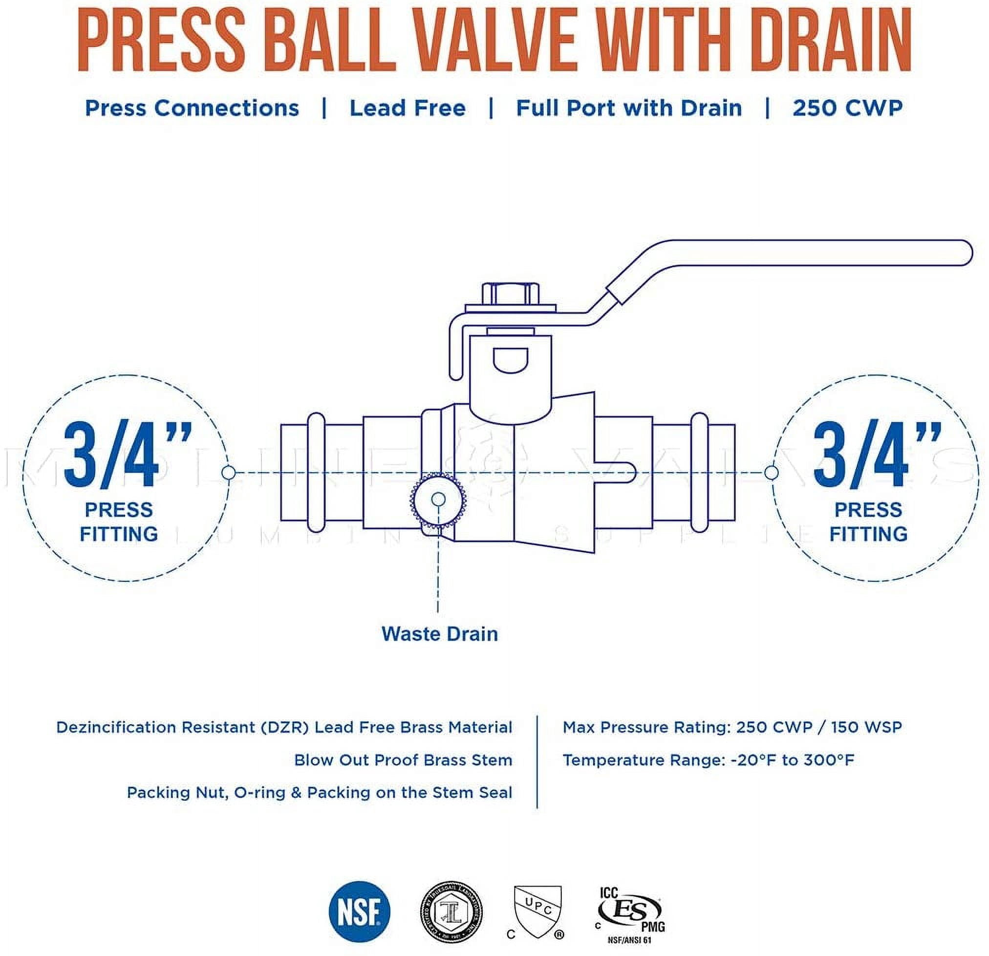 Midline Valve 532034VLVD-5 Premium Press Ball Valve with Drain, with 3/4 in. Press Connections, Brass (Pack of 5)