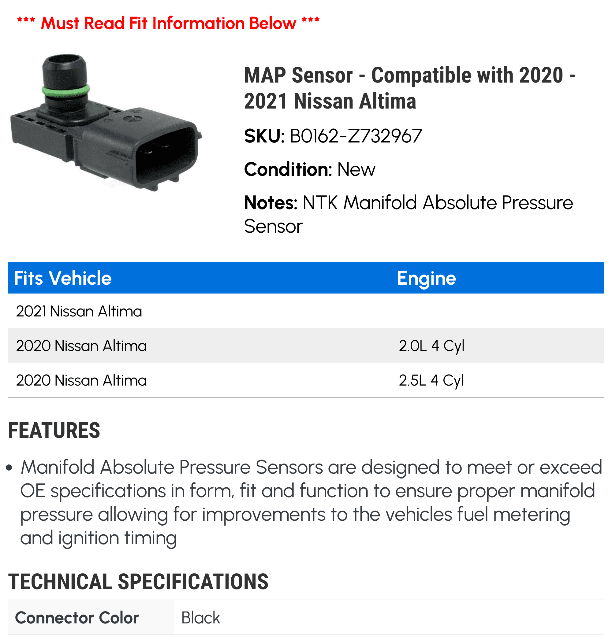 MAP Sensor - Compatible with 2020 - 2021 Nissan Altima