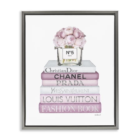 Stupell Industries Rose Bouquet & Designer Bookstack Beauty & Fashion Painting Gray Floater Framed Canvas Art Print Wall Art  17 x 21