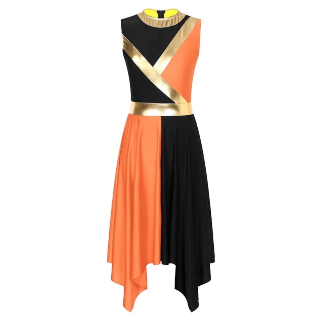 Ocealan Women Color Block Praise Dance Robe Sleeveless Metallic Church Liturgical Dance Tunic Lyrical Dance Costumes Black&Orange L