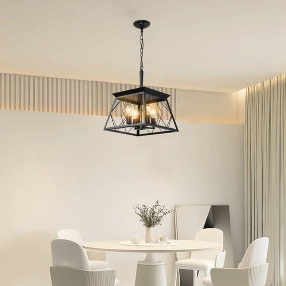 16" Black Industrial 4-Light Pendant Chandelier, Modern Metal Cage Design, Adjustable Hanging Light(No Bulbs)