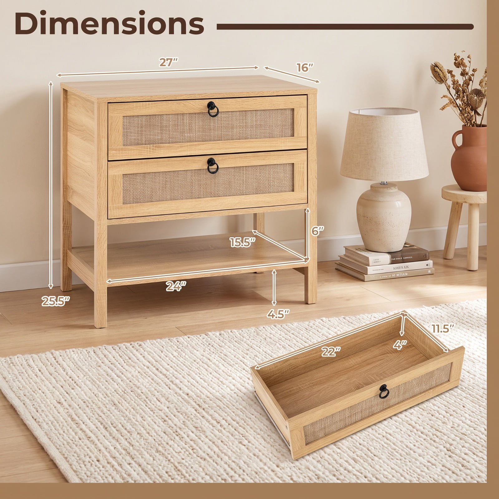 Furnibear Boho Rattan Nightstand with 2 Drawers and Bottom Open Shelf for Bedroom Living Room Bedside Sofa Side Small Space, Natural