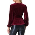 thumbnail image 3 of INSPIRE CHIC Women's Velvet Blouse V Neck Long Sleeve Tie Waist Peplum Tops XS Burgundy, 3 of 6