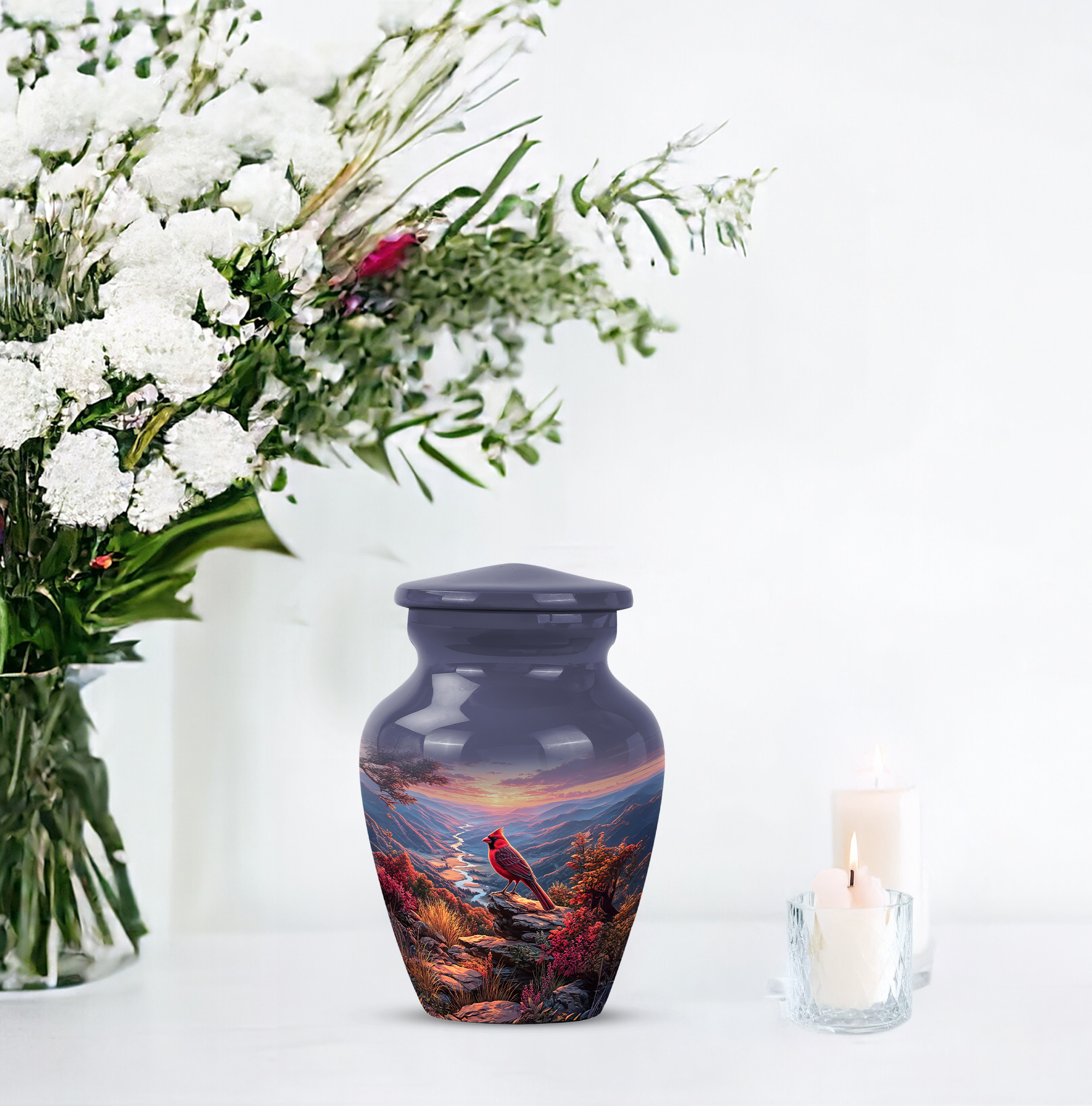 Cardinal Bird Small Urn For Human Ashes Adult Male - Cloud Keepsake Decorative Burial Urn For Women - Grey Funeral Tiny Urns For Memorial - Mini Sunset Cremation Urns For Adults 3 Inch