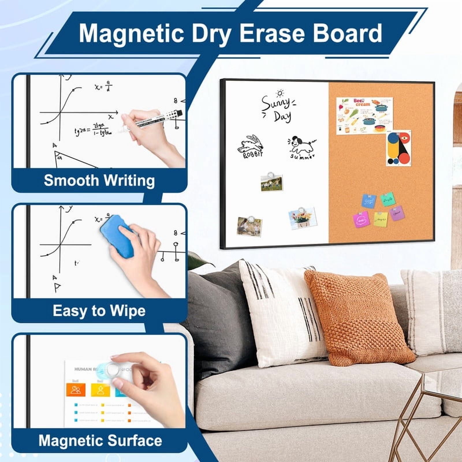 Combination Magnetic Whiteboard Cork Bulletin Board, 36" X 24" Combo Dry Erase White Board for Wall Cork Pin Board for Home Office Wall Mounted, Include 2 Markers, 6 Magnets, Eraser and Push Pins