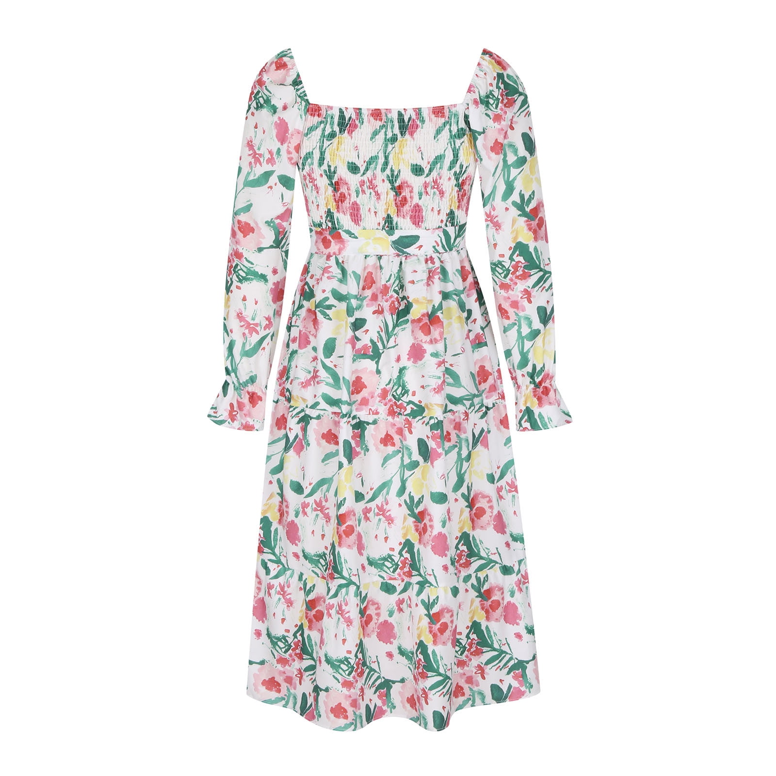 Women's Fall Square Neck Casual Dress Long Sleeve Smocked