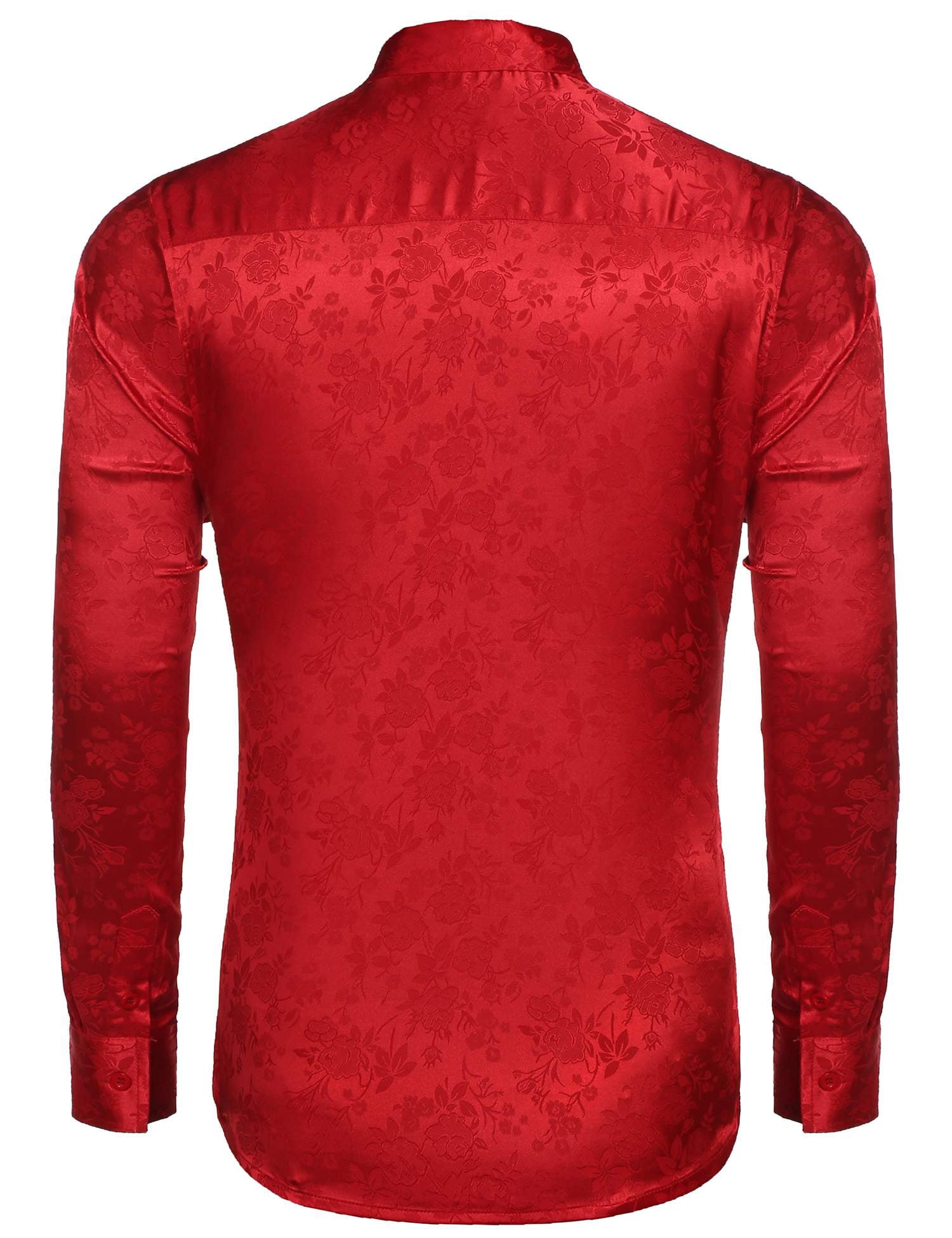 COOFANDY Mens Silk Shirts Long Sleeve Dress Shirts Prom Wedding Party Button Down Shirts,Wine red Medium