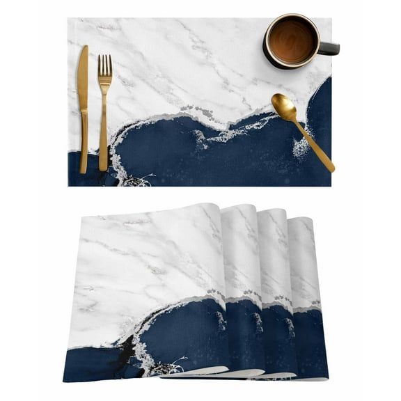 Navy Blue Marble Texture Placemats Set of 2 Abstract Retro Wave Modern Luxury Heat Insulation Washable Place Mats, Rustic Non-Slip Table Mats for Dining Table Party Kitchen Decor,13x19 Inch