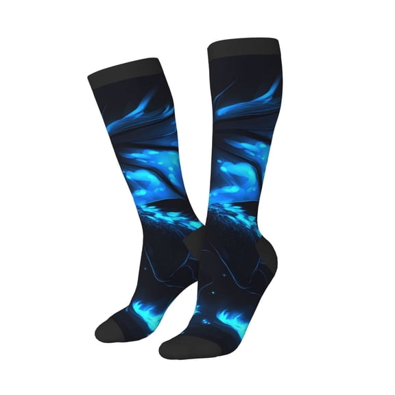 Knee High Socks for Women Men Athletic - Neon Blue Dragon Flames Thigh-High Black Sole Comfort Breathable Long Socks for Casual Travel Running