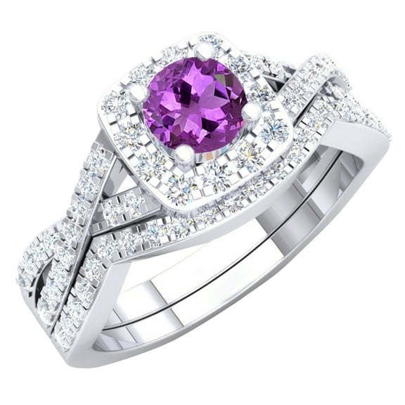 Dazzlingrock Collection Round Amethyst & Cubic Zirconia Halo Style Bridal Engagement Ring Set 1 1/2 CT | 10K White Gold, Size 6