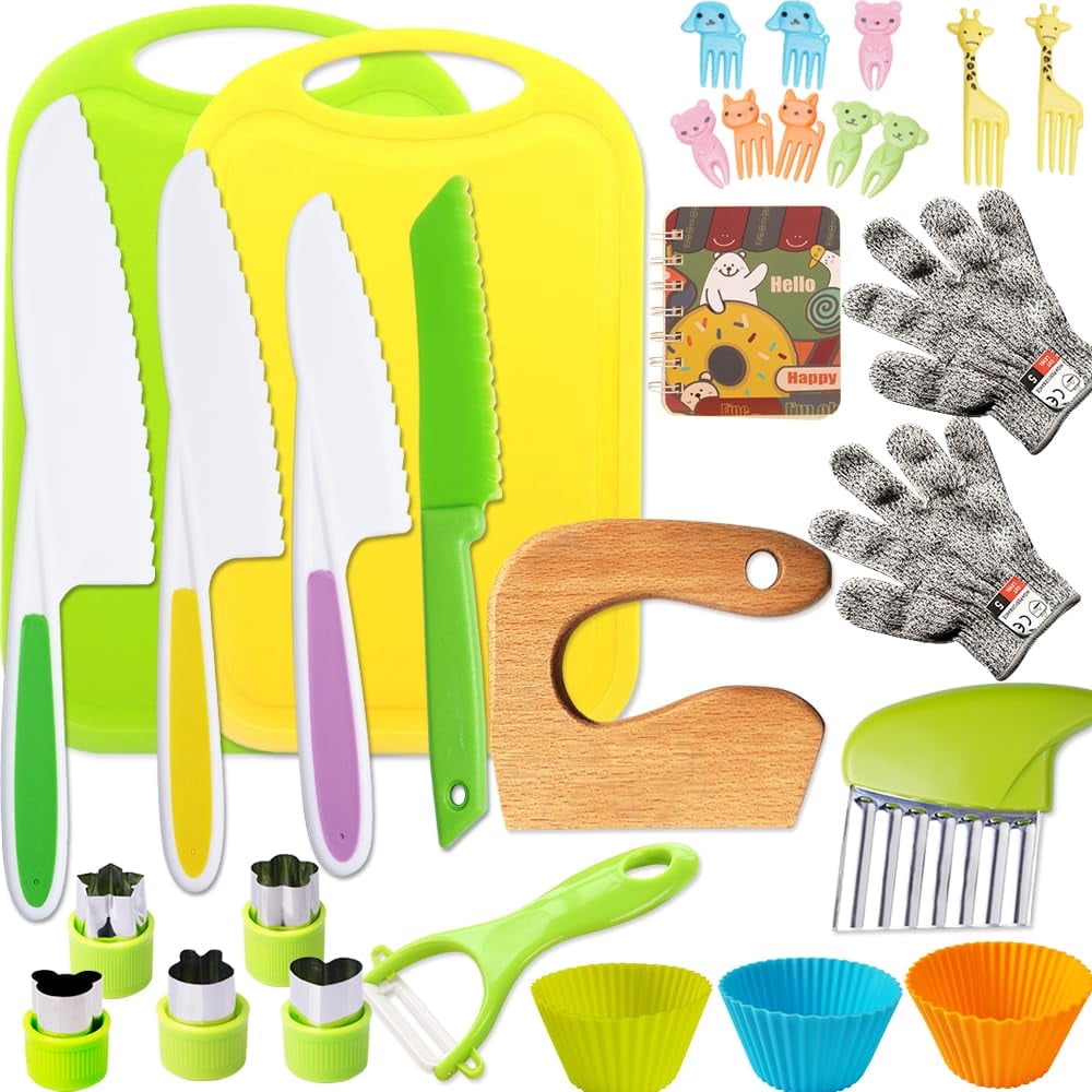 LOVEVER Kid Safe Knife Tools Toddler Kitchen Set for Real Cooking  Montessori Kids Kitchen Knife Set with Cutting Board Crinkle Cutters Kid Wood Knives  Toddlers Kitchen Tools for Age 3-1