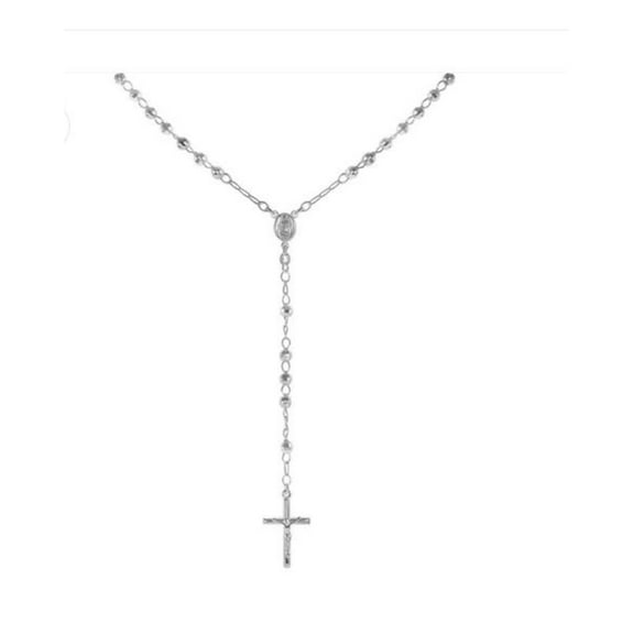 925 Sterling Silver Diamond Cut Italian 4mm Rosary Beads Chain with Cross Necklace 26" Rosario