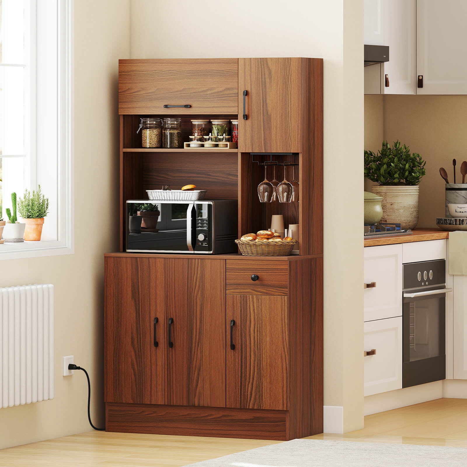 Costway 66" Pantry Cabinet Tall Kitchen Storage Cabinet with Charging Station Brown