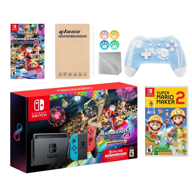 Nintendo Switch Mario Kart 8 Deluxe Bundle: Red/Blue Console, Mario Kart 8 & Membership, Super Mario Maker 2, Mytrix Wireless Pro Controller Blue Bamboo and Accessories