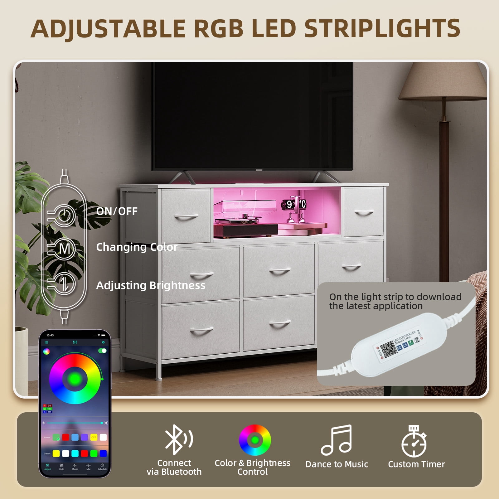 Eunos White Tv Stands for 65" Tv with 8 Drawers, LED & Power Outlets for Bedroom, Living Room