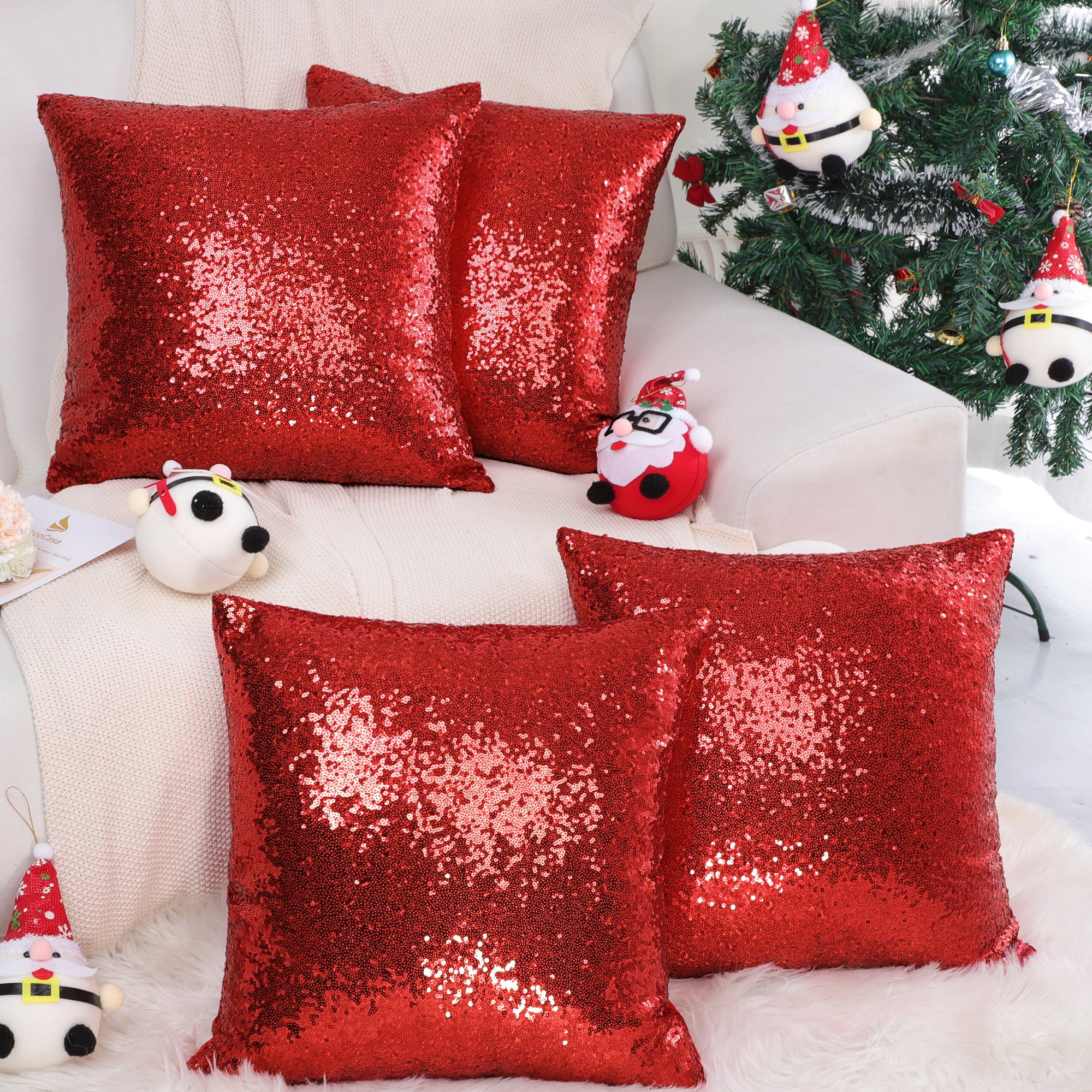 Unique Bargains 4Pcs Glitter Sequins Throw Pillow Covers 18" x 18" Red