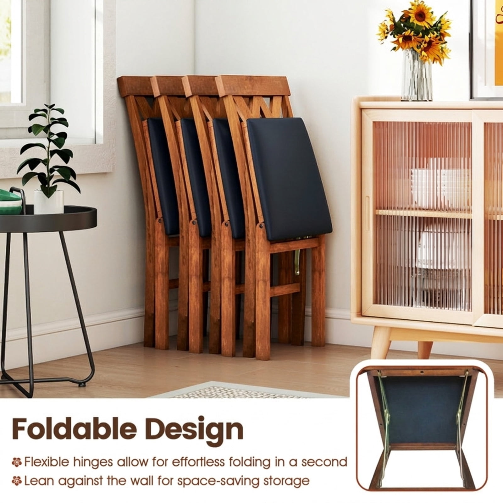 Furnibear Folding Wooden Dining Chairs Set of 2 Faux Leather Upholstered Armless Kitchen Chairs for Small Rooms Apartment, Walnut