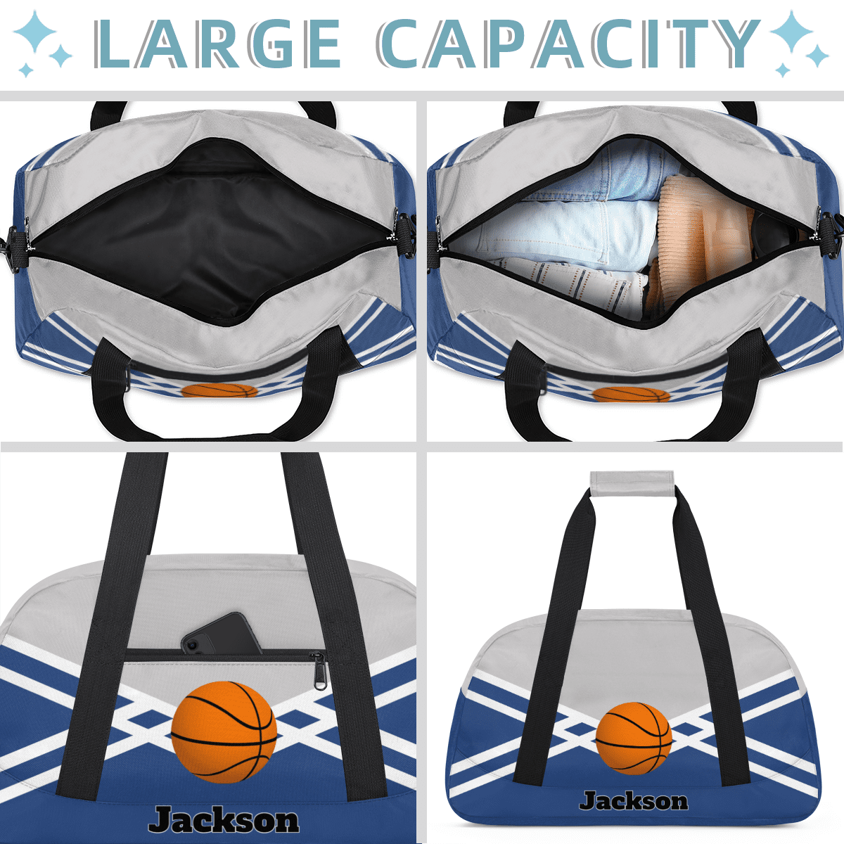 Herdesigns Personalized Basketball Duffel Bag Sport Bag Custom Gym Bag with Name, Dance Bags Weekender Bags Overnight Bags Travel Bag, Blue Gray