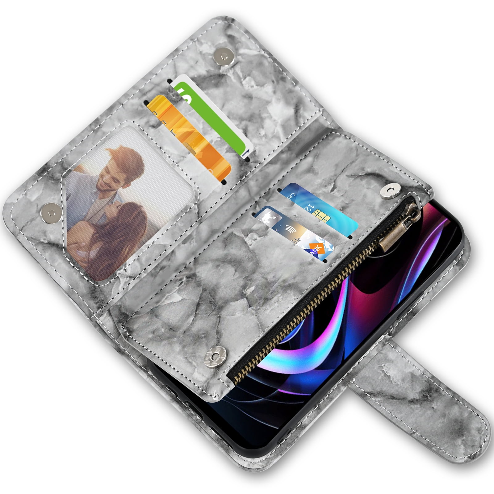 Compatible with Motorola Moto Edge 2021/MotoEdge 5G UW 2021 Wallet Phone Case and Tempered Glass Screen Protector Marble Faux Leather Flip Credit Card Holder Stand Zipper Cell Cover for XT2141-1 Grey