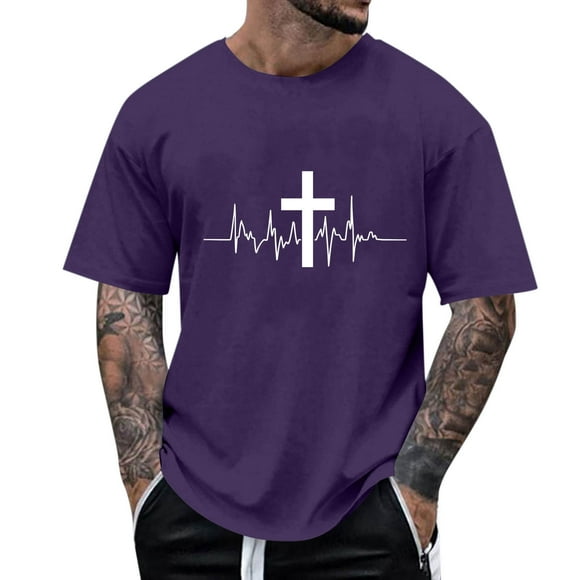Pisexur Mens Shirts Graphic Design Mens Pullover Cross Print Short Sleeve T Shirt Crewneck Tee Shirts Purple,M