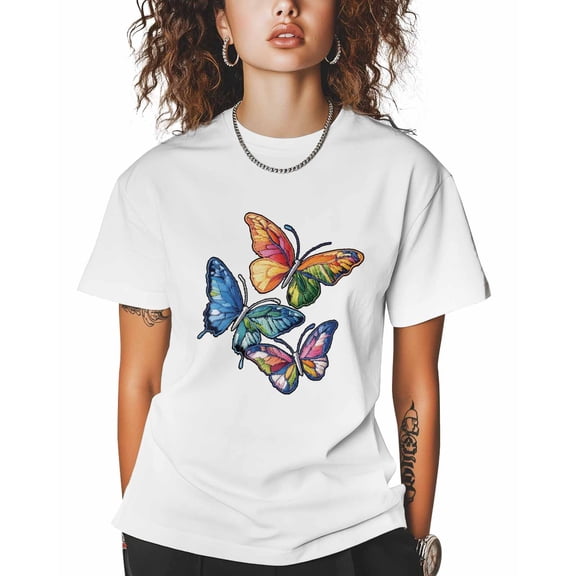 T Shirts for Women Short Sleeve Cotton Crewneck T-Shirt, Butterfly Colorful Embroidery Style Tee Tops Casual Basic T-Shirts, XS-5XL White XXL