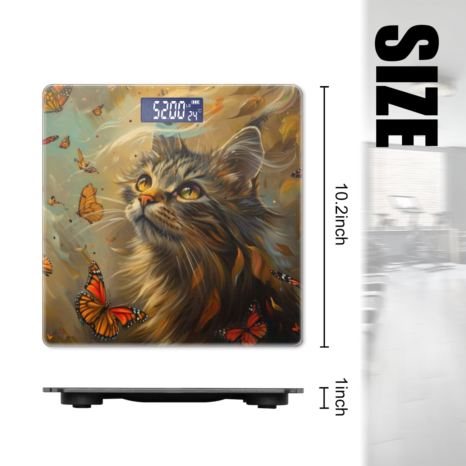 Bathroom Scale, Highly Accurate Digital Body Scale,Precisely Measures Weight up to 400 lbs-Fluffy Cat Surrounded By Butterflies In The Wind