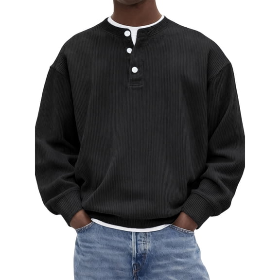 Dwelliawo Men's Corduroy Casual Long Sleeve T-Shirt Henley Collared Button Down Shirts Long Sleeve Loose Shirt Big and Tall Plus Size Pullover Blouse Black XL