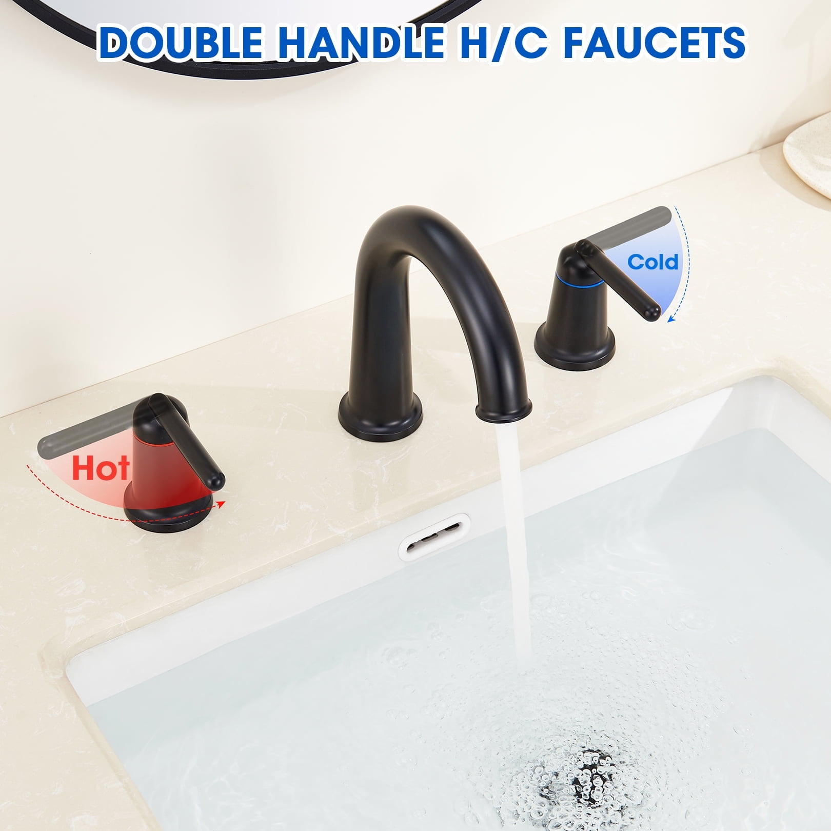 Wowkk Sanitary Ware Brass Bathroom Sink Faucet 2 Handles Widespread Bathroom Faucet 3 Hole, Pop-Up Drain and cUPC Supply Lines Included, Basin Faucets for Vanity Rv Restroom, Matte Black