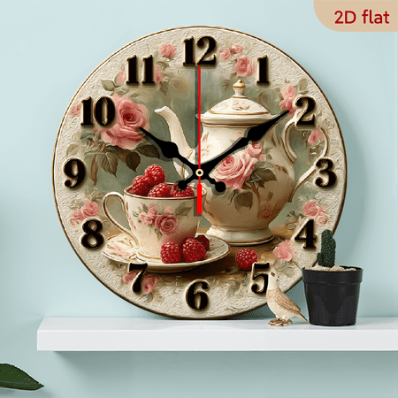 2D Flat, 1pc 10 Inch Vintage Floral Wall Clock - Elegant Teapot Floral Design in BeigeWhiteBlack, Silent Non-Ticking Movement, Artificial Wood - for Living Room, Bedroom, Kitchen, Bathroom, Office