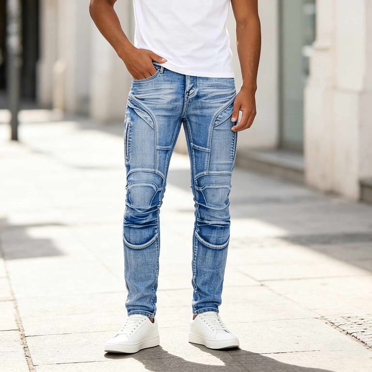 QQZ Slim Biker Jeans Men, Geometric Spliced Panel Stitched Denim