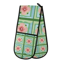 Yayeee Double Oven Mitt Kitchen Heat Resistant Baking 35" x7" Quilted Glove, Green Blossom Mosaic