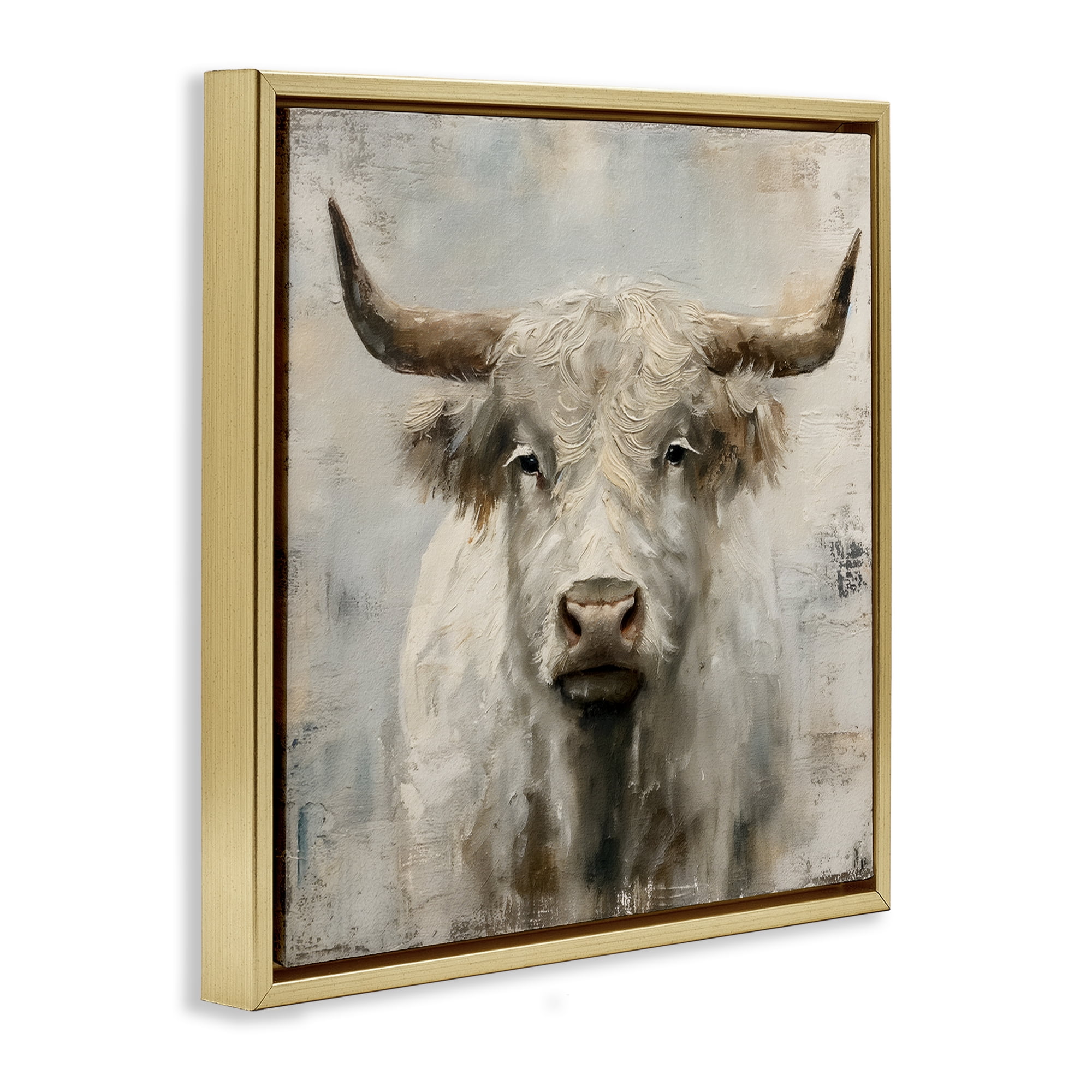 Stupell Industries Fluffy Longhorn Cattle Animals Painting Gold Floater Framed Canvas Art Print Wall Art, 18 x 18