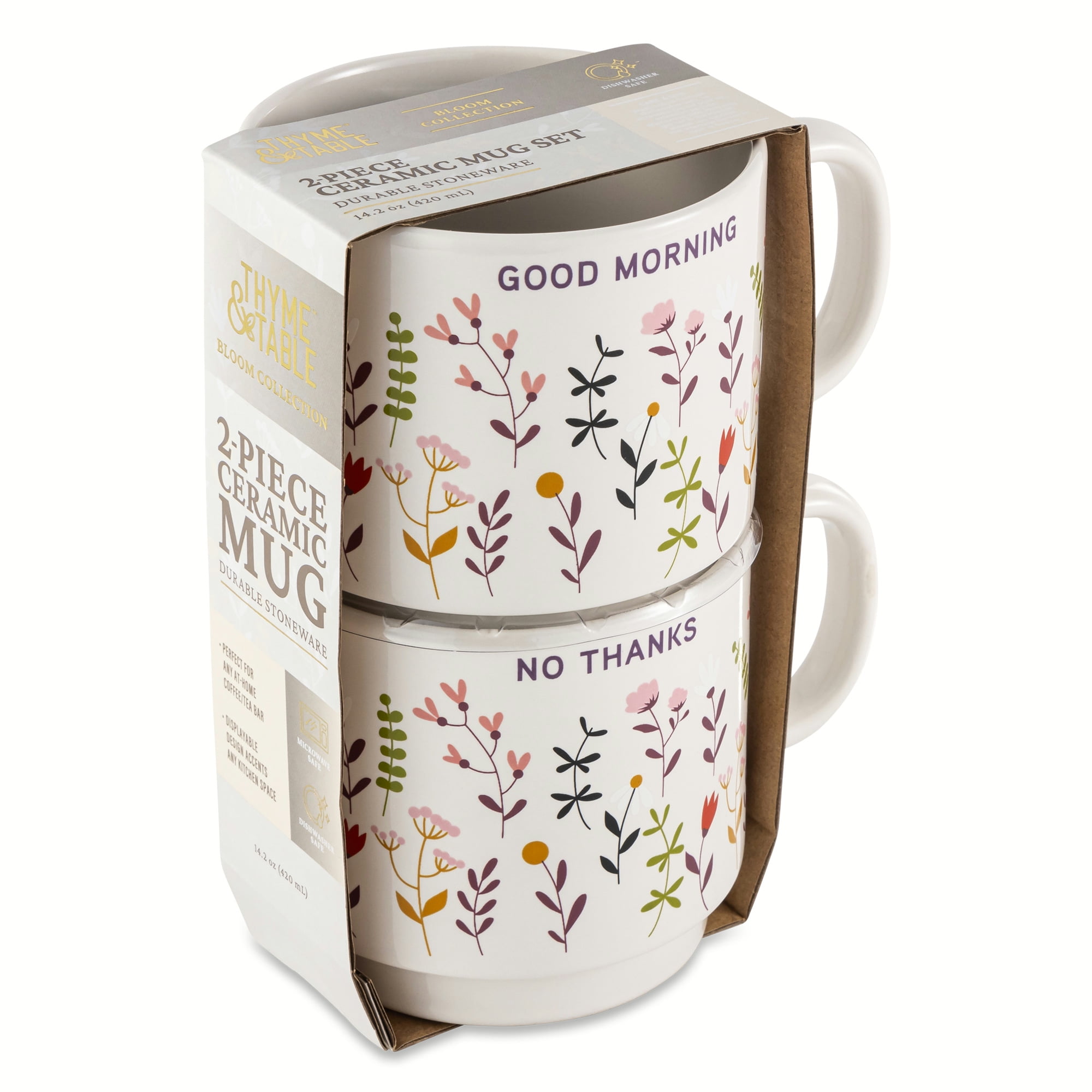 Lot de 2 mugs empilables « Good Morning » et « No Thanks » avec fleurs, en grès, 410 ml