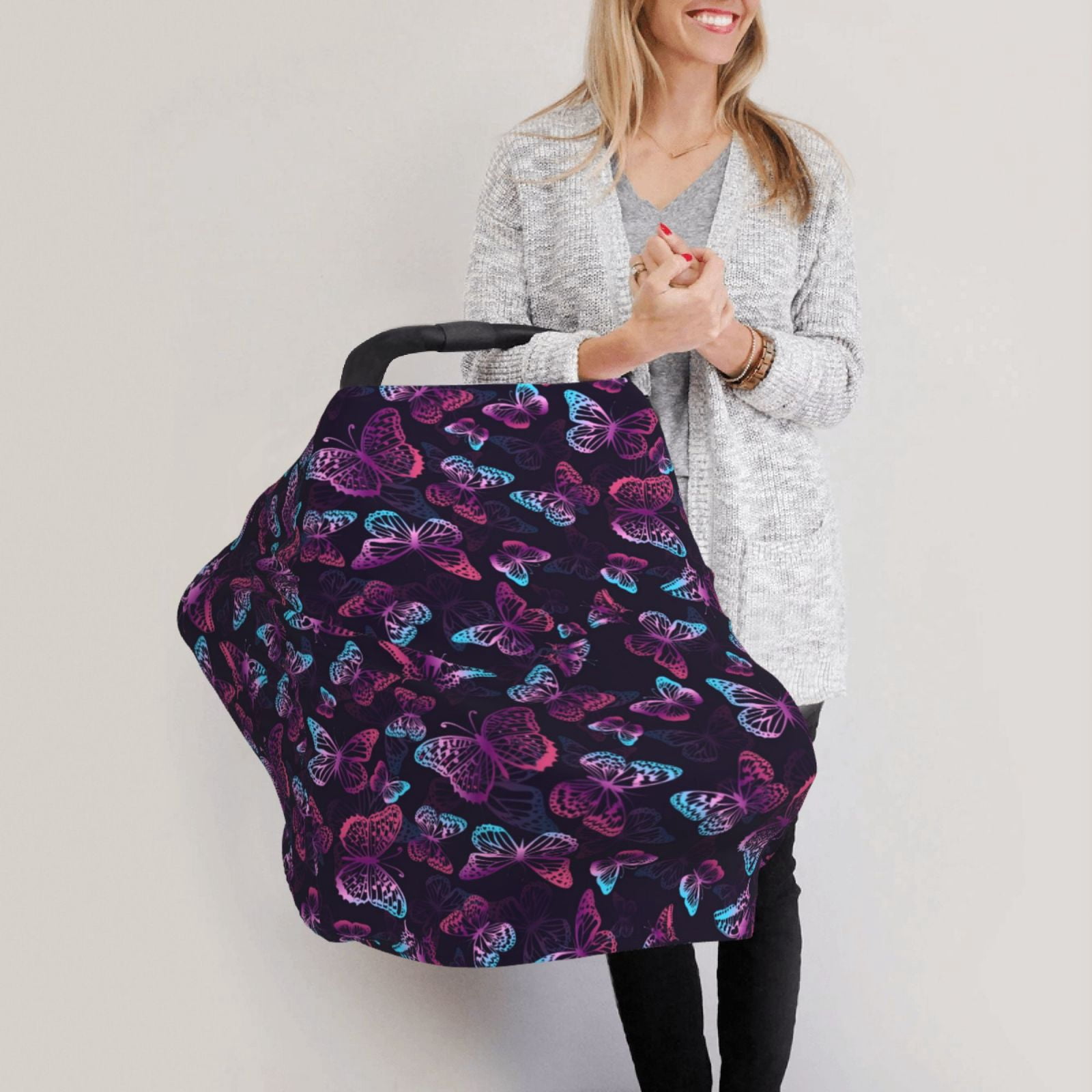 Fotbe Purple Butterfly Pattern Car Seat Covers for Babies, Nursing Breastfeeding Cover Infant Carseat Canopy, Soft Stretchy Carrier Cover