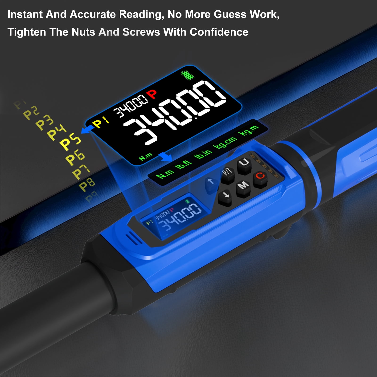 PUIBERS Digital Torque Wrench 1/2 Inch Drive 4-250FT.LB (5-340Nm) ±2% High Accuracy,5 Units lb-ft/lb-in/Nm/kg-cm/kg-m,LCD with Buzzer & LED Alerts