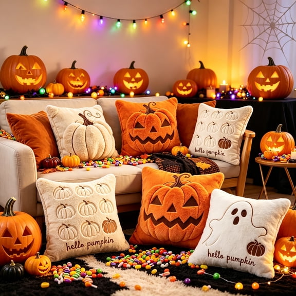 Dmlowu Fall Pumpkin Pillow Covers for Couch, Soft Plush Corduroy Embroidered Pillow Cases for Thanksgiving Halloween Decorations, Warm Autumn Orange, 18 x 18 inch