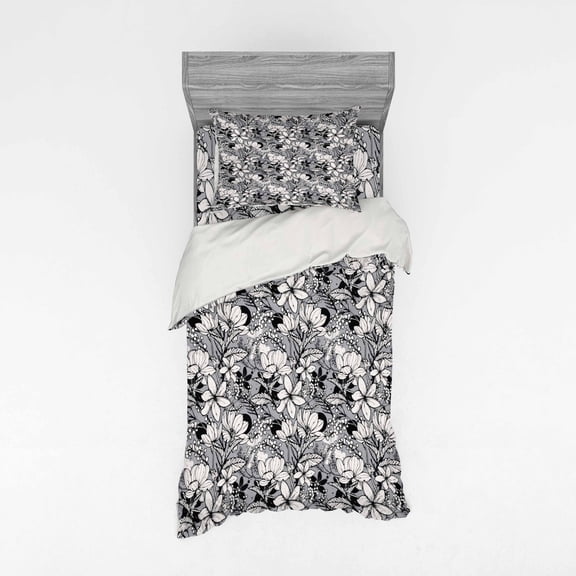 Ambesonne Floral Bedding Set 3 Pcs, Frangipani Mimosa Lotus, Twin XL, Black White Pale Grey