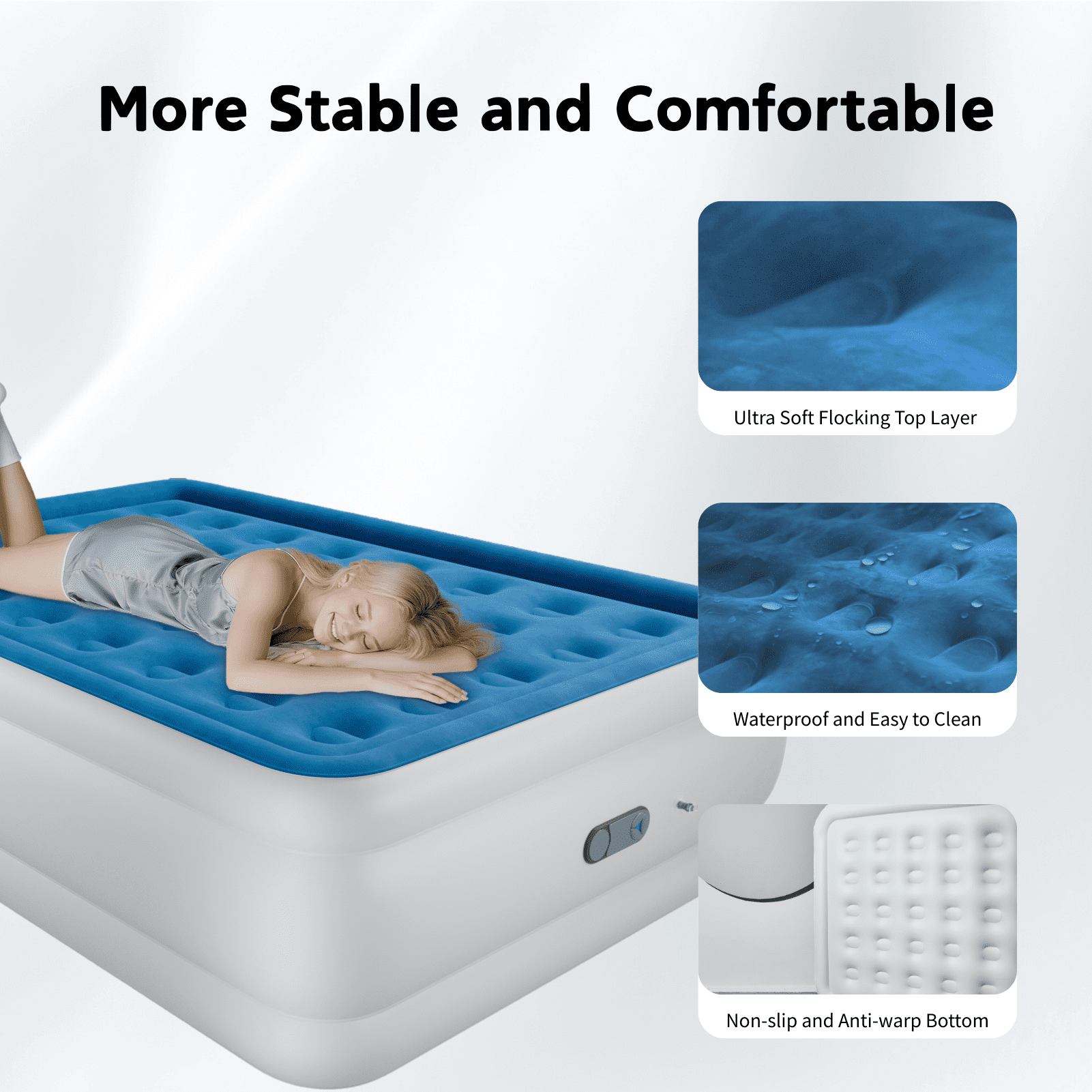 Queen 22" Top Flocking Air Mattress with Built-in Pump Raised Comfort,Fast Inflation/Deflation Foldable Portable Air Bed with Storage Bag for Home,Camping,Guests Blue