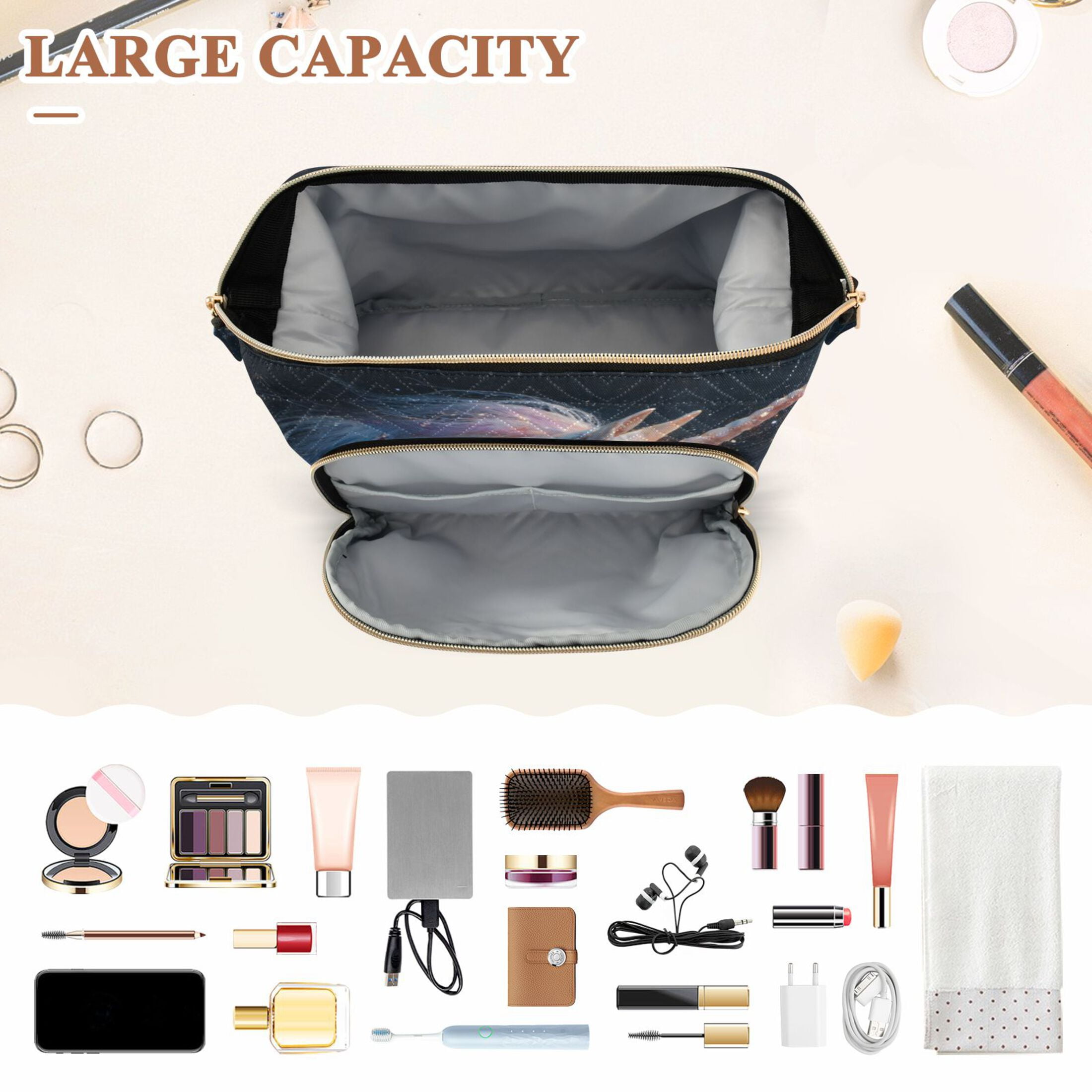 Wavy Quilted Cosmetic Bag Large-Capacity Travel Toiletry Organizer Includes 9-Piece Portable Travel Bottle Set A Unicorn in Space