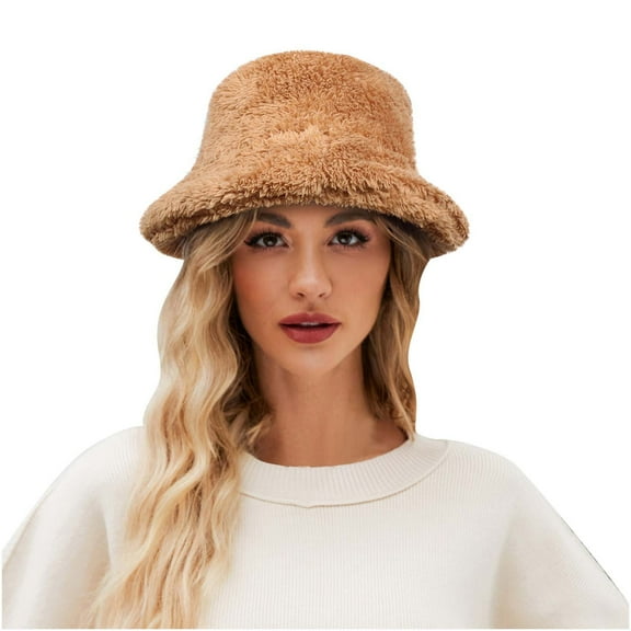 Diufon Winter Plush Bucket Hat for Women Thickened Warm Brim Hats Trendy Fleece Lined Windproof Outdoor Caps
