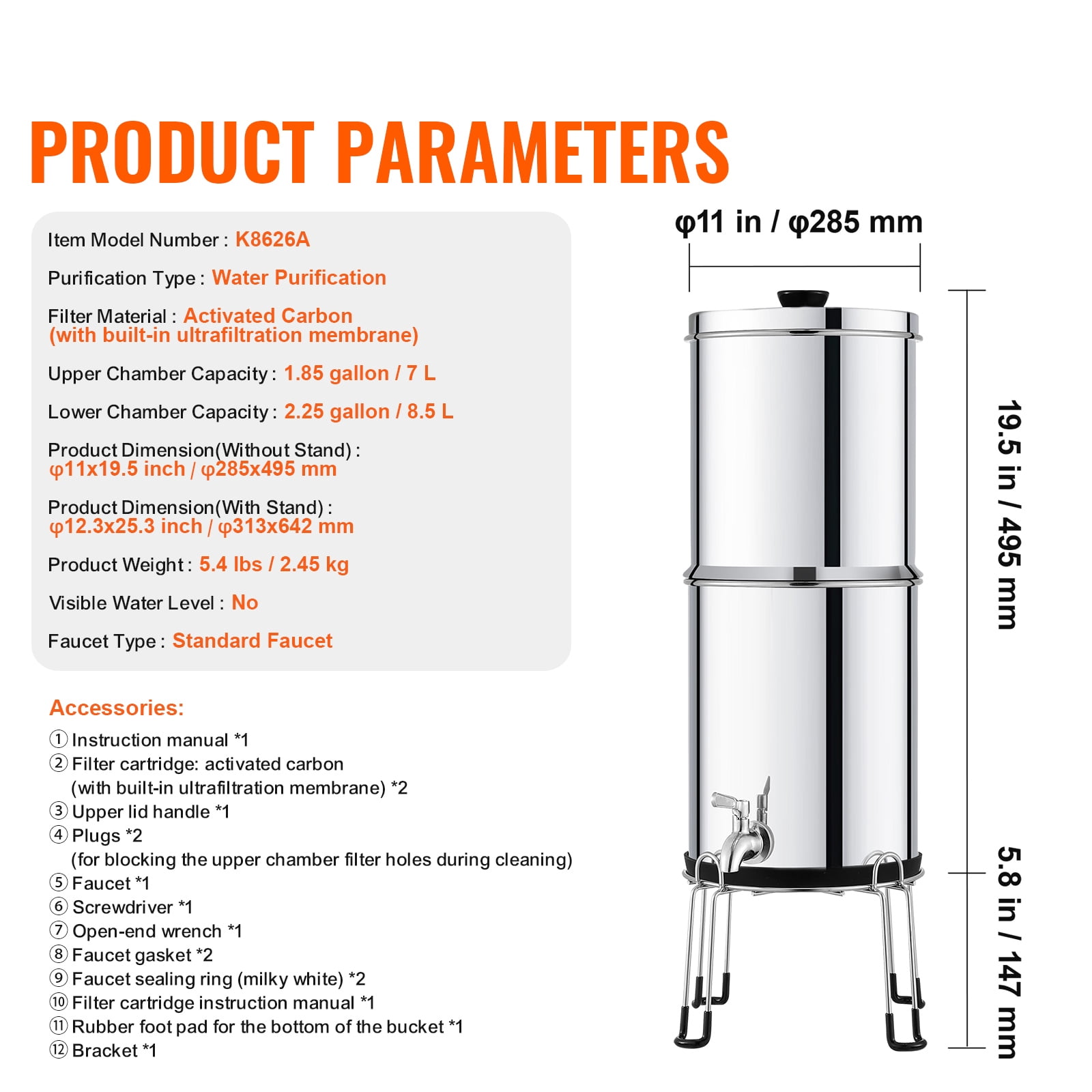 KFFKFF Water Purification System, Gravity-Driven, 2.25G 304 Stainless-Steel Tabletop Water Cleaner, Diminishes Lead and nearly 99% of Chlorine, Includes 2 Carbon Filters/Spigot/Stand,for Camping