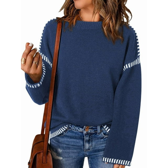 Suéteres para Mujer, Cuello Redondo Liso, Corte Holgado, Larga, Punto en Contraste, Jersey, Tops Azul Marino M