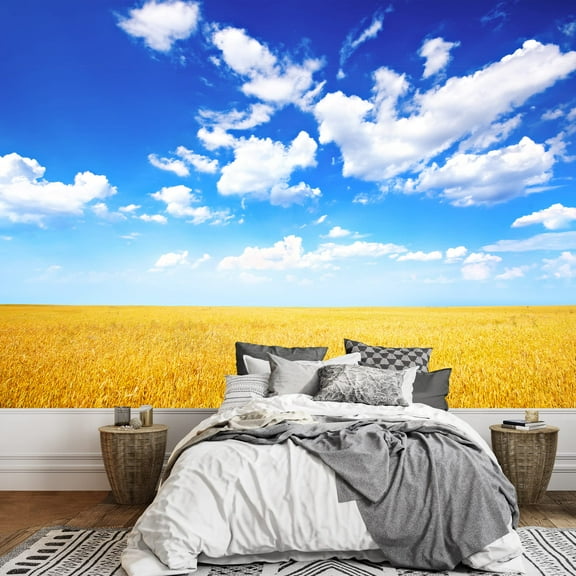 wall26 - Wheat Field and Blue Sky with Clouds - Removable Wall Mural | Self-Adhesive Large Wallpaper - 100x144 inches